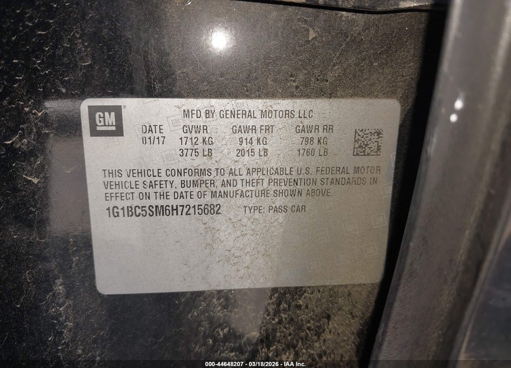 2017 CHEVROLET CRUZE LS AUTO VIN: 1G1BC5SM6H7215682