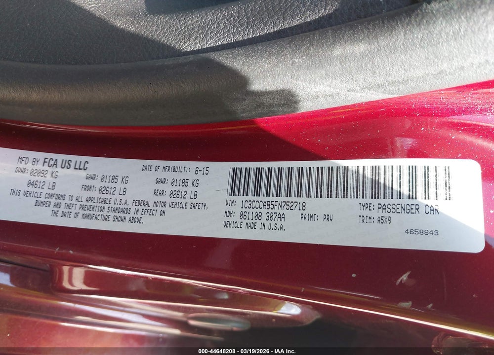 2015 CHRYSLER 200 LIMITED VIN: 1C3CCCAB5FN752718