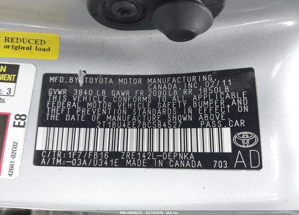 2011 TOYOTA COROLLA LE VIN: 2T1BU4EE7BC584527