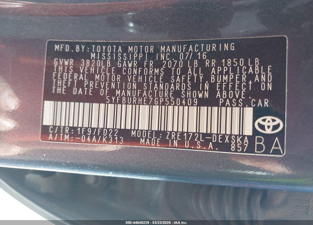 2016 TOYOTA COROLLA S PLUS VIN: 5YFBURHE7GP550409
