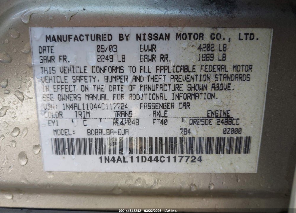 2004 NISSAN ALTIMA 2.5 S VIN: 1N4AL11D44C117724