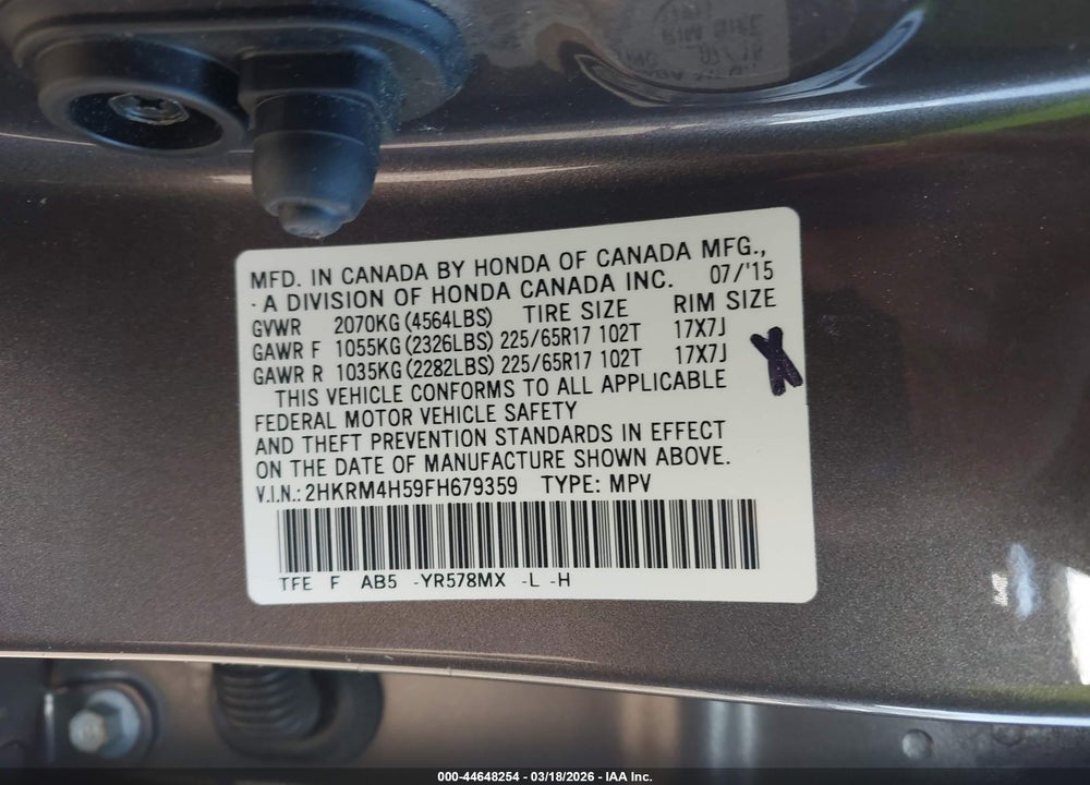 2015 HONDA CR-V EX VIN: 2HKRM4H59FH679359