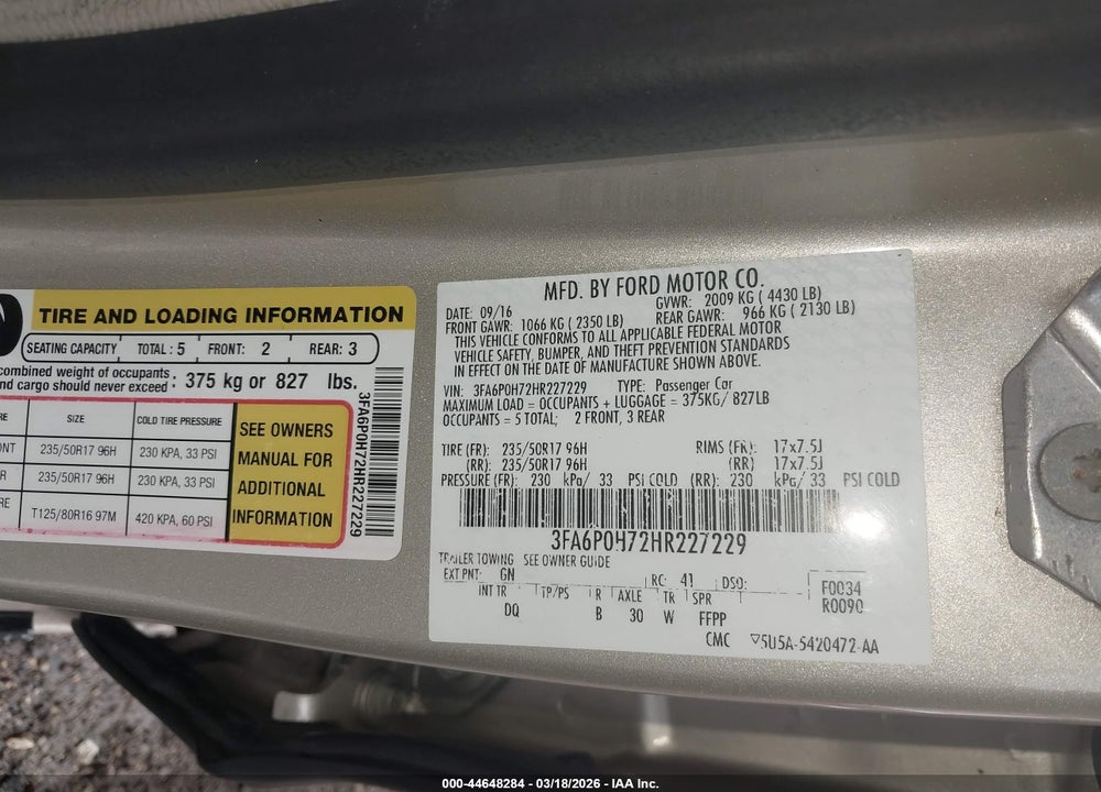 2017 FORD FUSION SE VIN: 3FA6P0H72HR227229