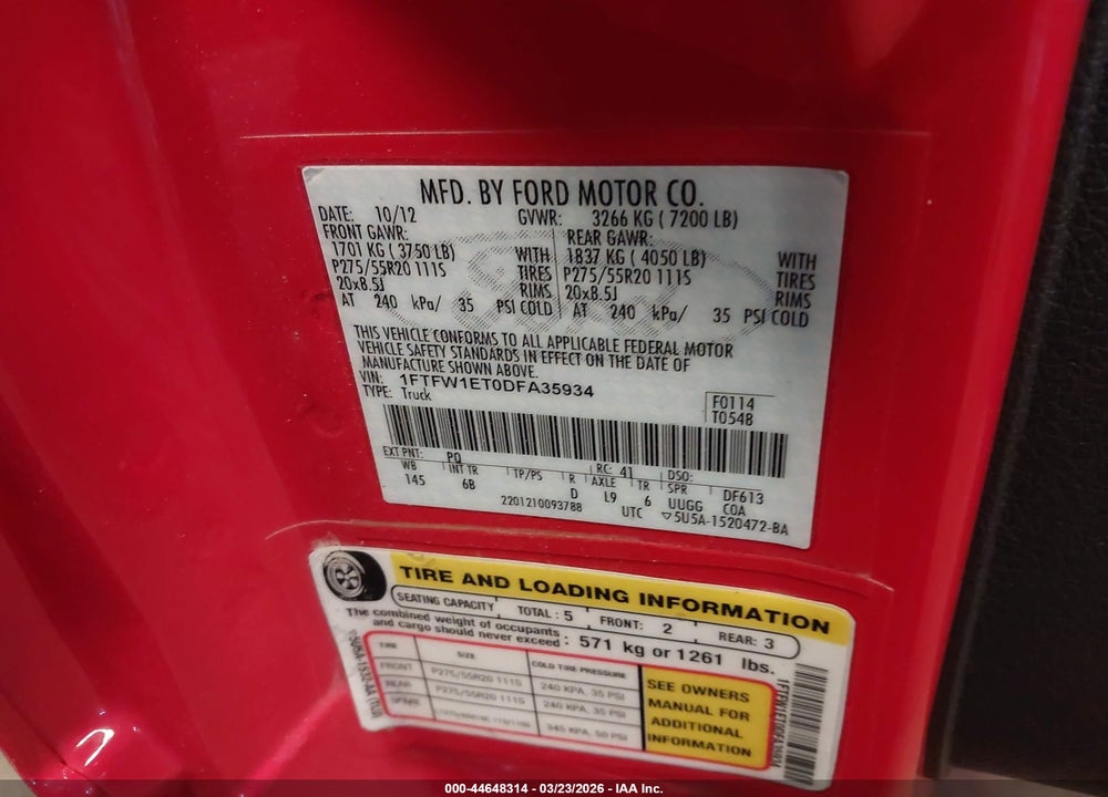 2013 FORD F-150 FX4 VIN: 1FTFW1ET0DFA35934