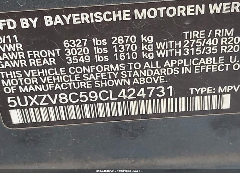 2012 BMW X5 XDRIVE50I VIN: 5UXZV8C59CL424731