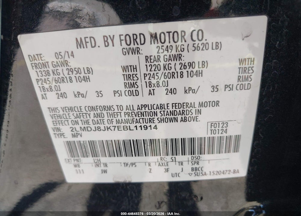 2014 LINCOLN MKX VIN: 2LMDJ8JK7EBL11914