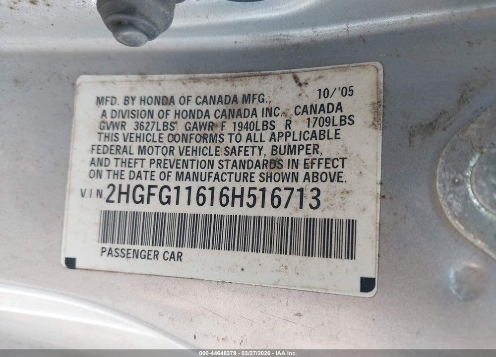 2006 HONDA CIVIC VIN: 2HGFG11616H516713