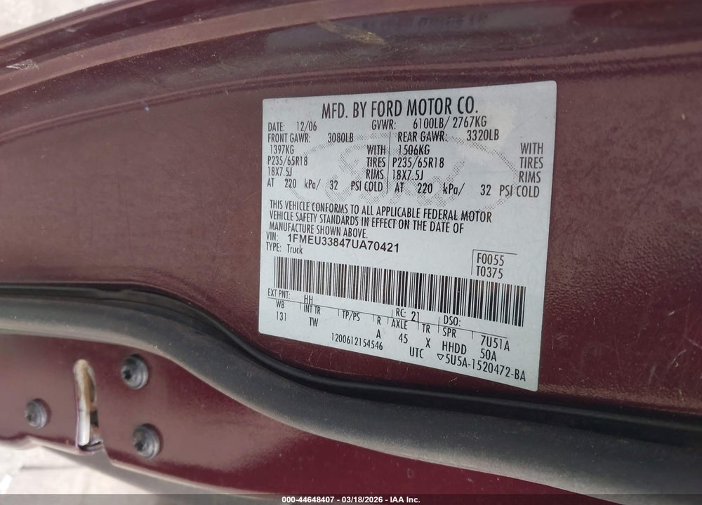 2007 FORD EXPLORER SPORT TRAC LIMITED VIN: 1FMEU33847UA70421