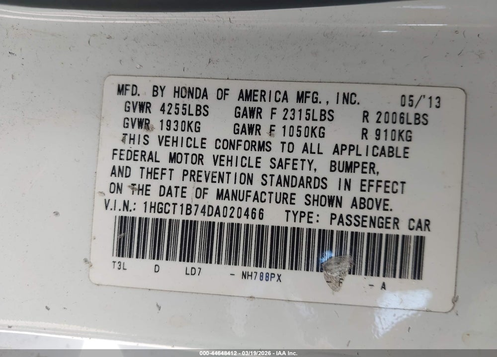 2013 HONDA ACCORD EX VIN: 1HGCT1B74DA020466