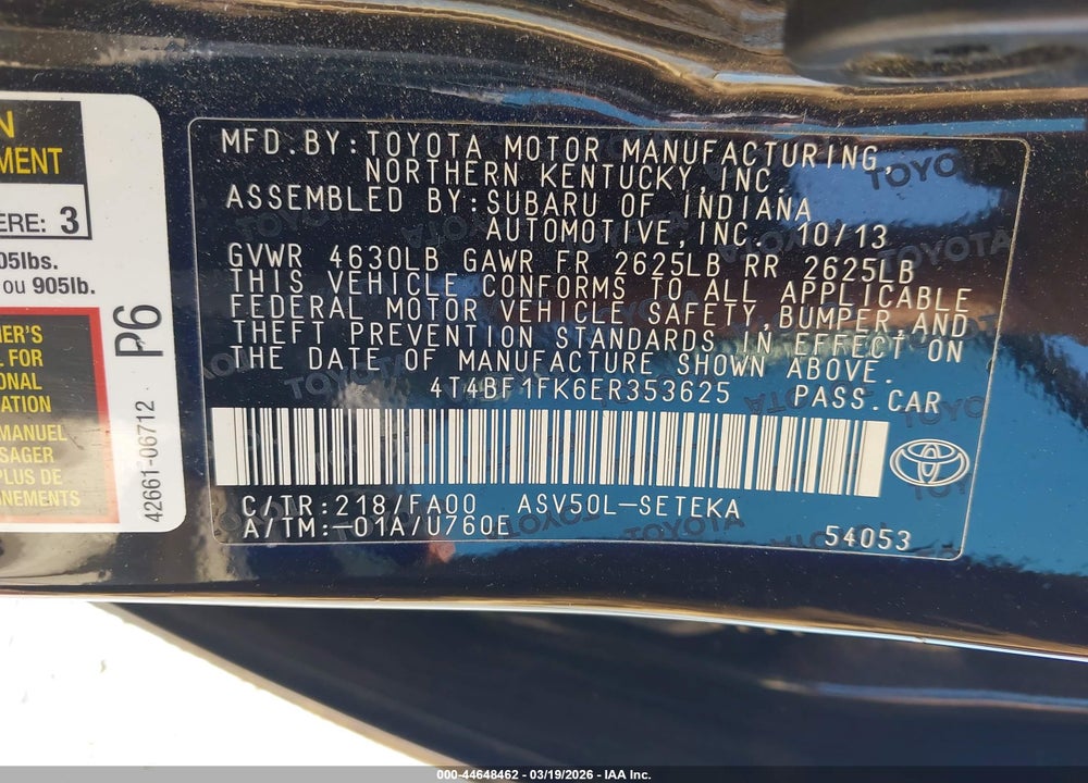 2014 TOYOTA CAMRY L VIN: 4T4BF1FK6ER353625