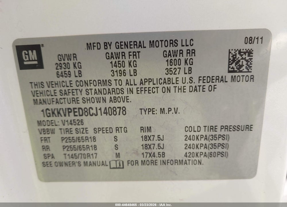 2012 GMC ACADIA SLE VIN: 1GKKVPED8CJ140878