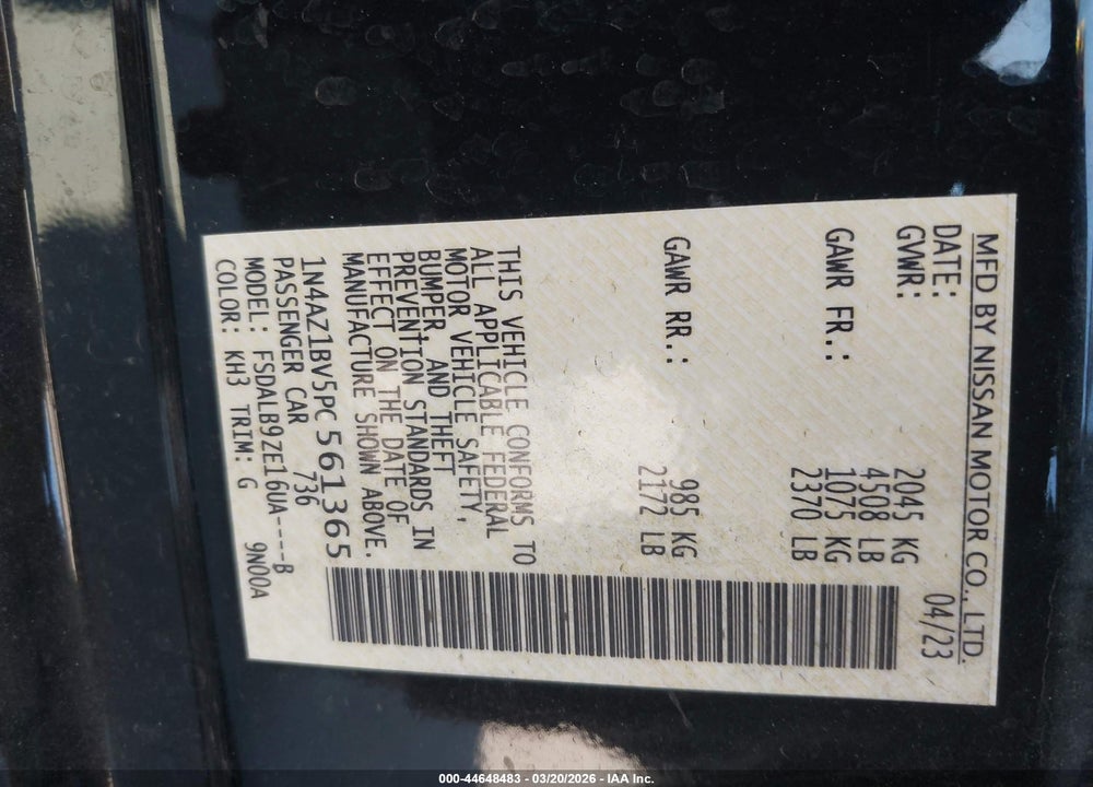 2023 NISSAN LEAF S 40 KWH VIN: 1N4AZ1BV5PC561365