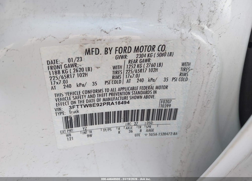 2023 FORD MAVERICK XL VIN: 3FTTW8E92PRA18494