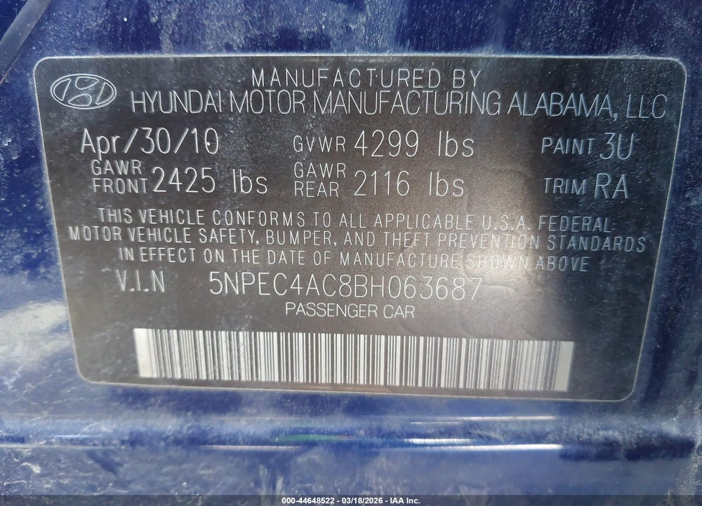 2011 HYUNDAI SONATA SE VIN: 5NPEC4AC8BH063687