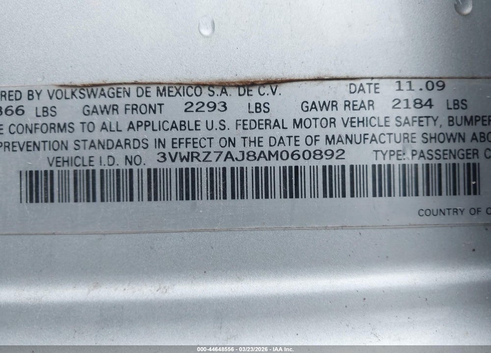 2010 VOLKSWAGEN JETTA SE VIN: 3VWRZ7AJ8AM060892