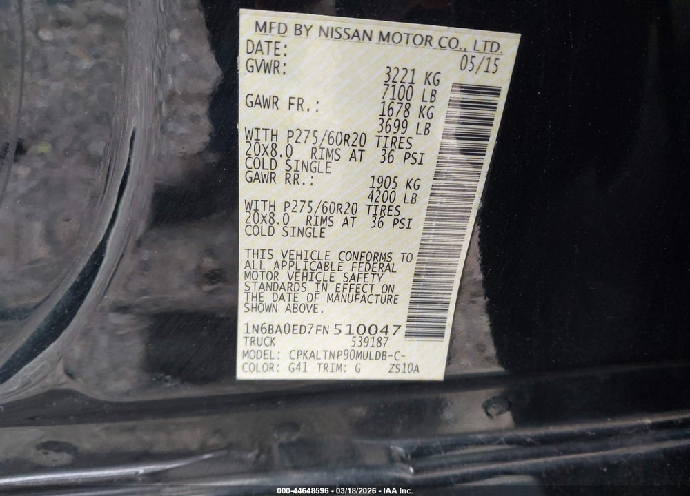 2015 NISSAN TITAN SV VIN: 1N6BA0ED7FN510047
