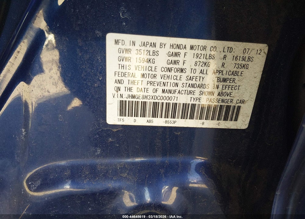 2013 HONDA FIT VIN: JHMGE8H3XDC000071