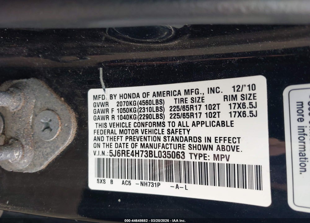 2011 HONDA CR-V EX-L VIN: 5J6RE4H73BL035063