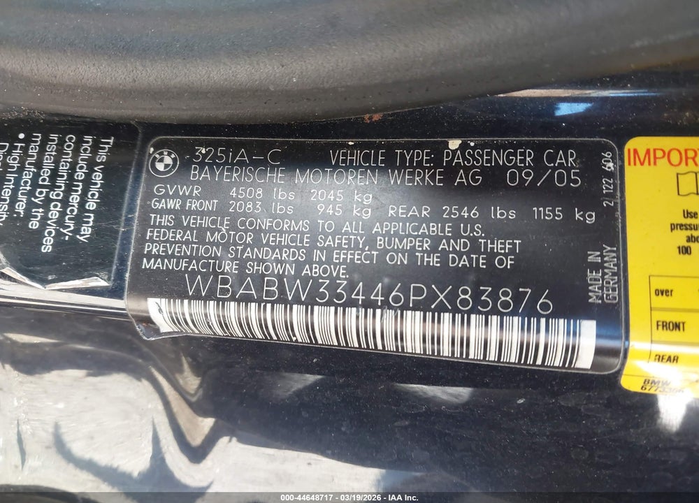 2006 BMW 325CI VIN: WBABW33446PX83876