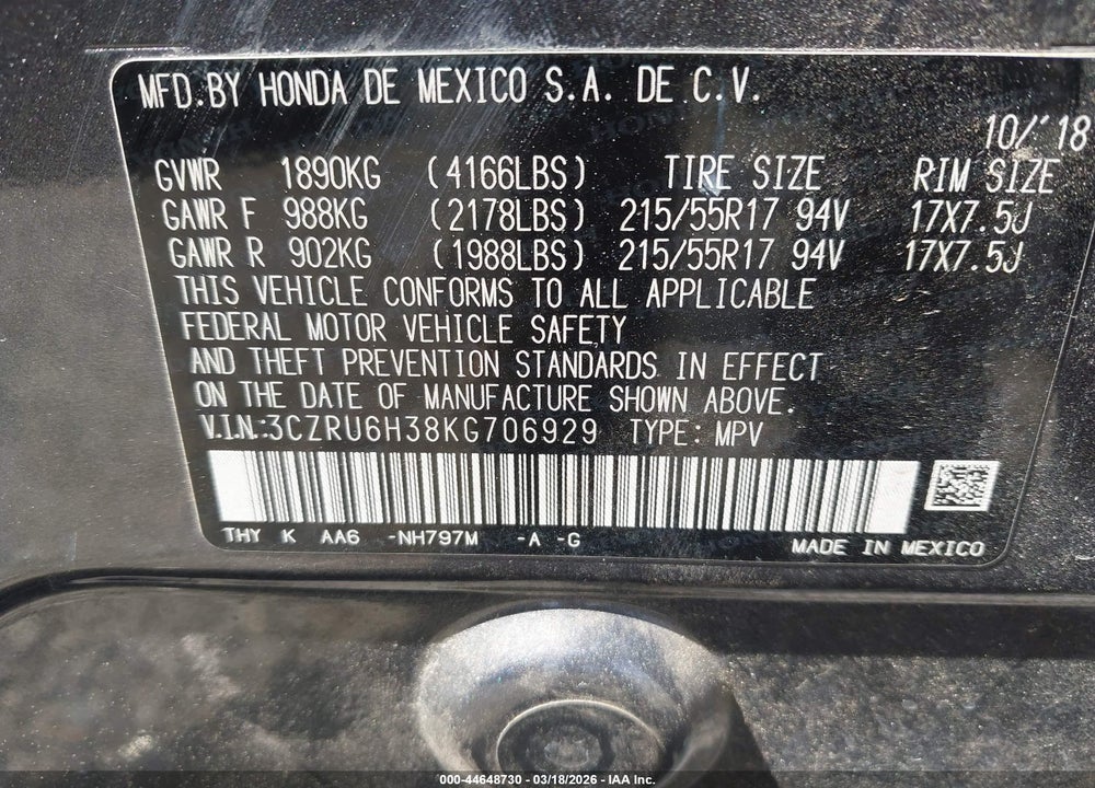2019 HONDA HR-V LX VIN: 3CZRU6H38KG706929