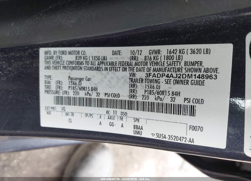 2013 FORD FIESTA S VIN: 3FADP4AJ2DM148963