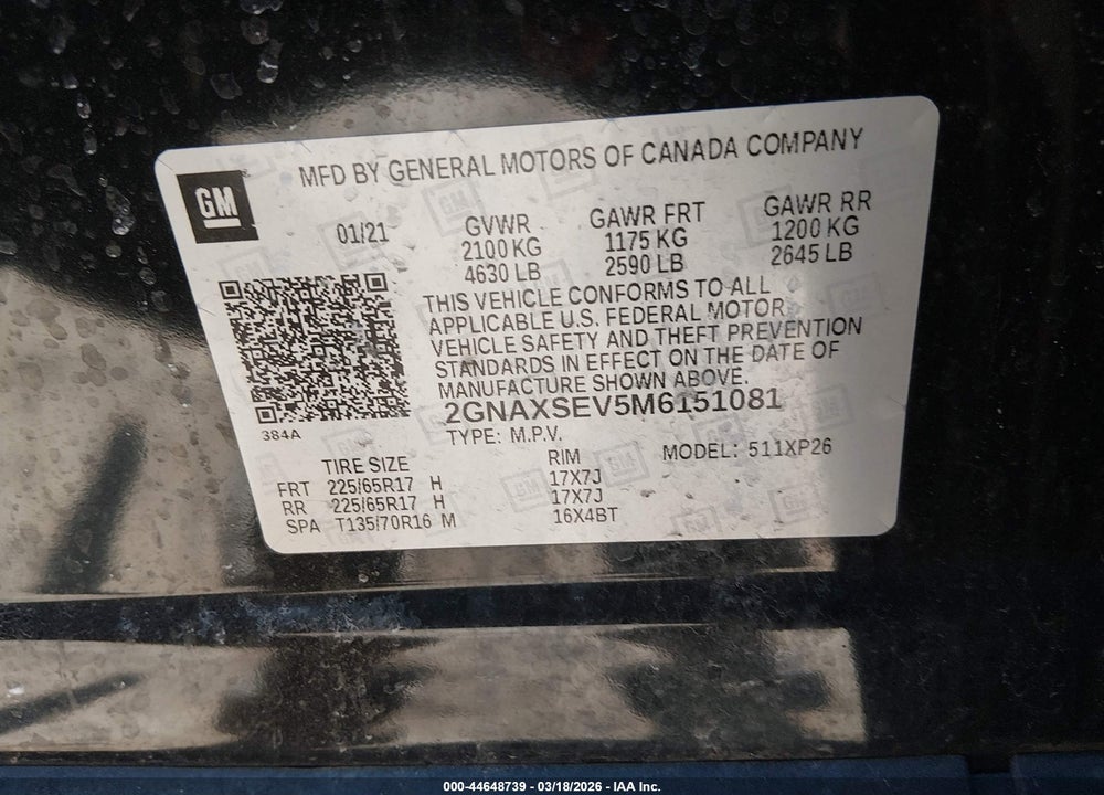 2021 CHEVROLET EQUINOX AWD LS VIN: 2GNAXSEV5M6151081