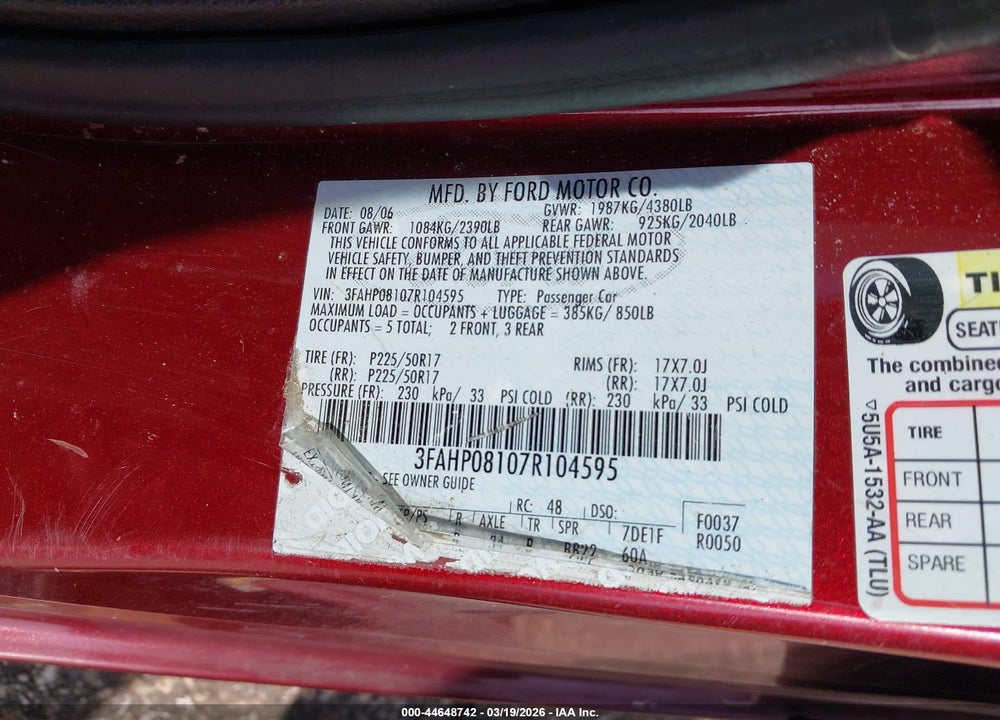2007 FORD FUSION SEL VIN: 3FAHP08107R104595