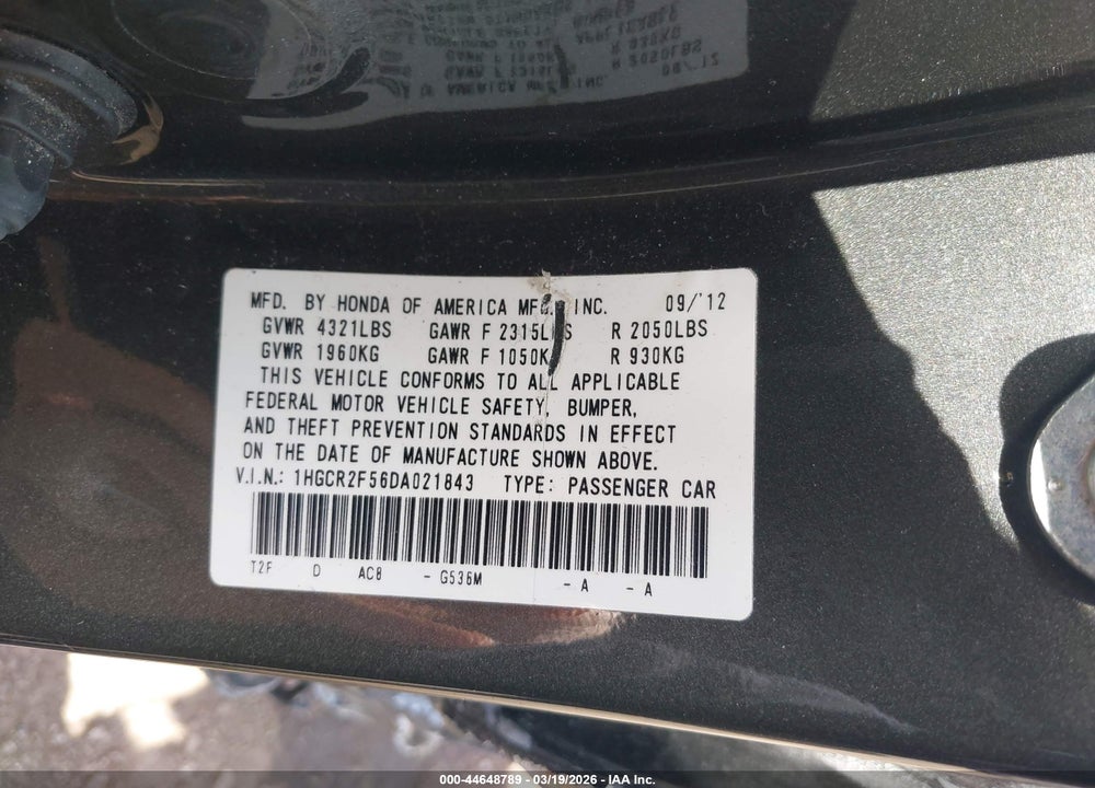 2013 HONDA ACCORD SPORT VIN: 1HGCR2F56DA021843