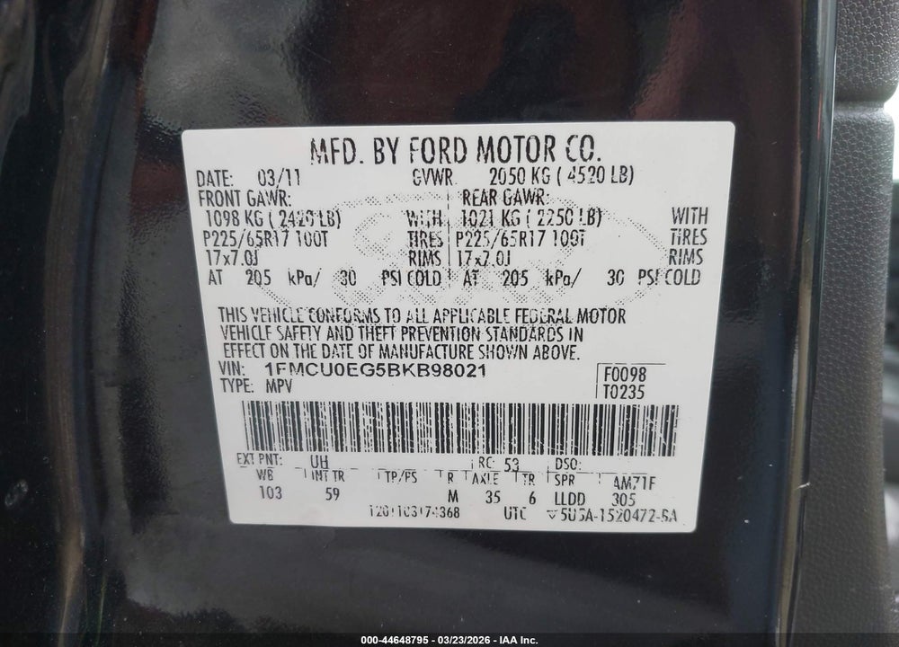 2011 FORD ESCAPE LIMITED VIN: 1FMCU0EG5BKB98021