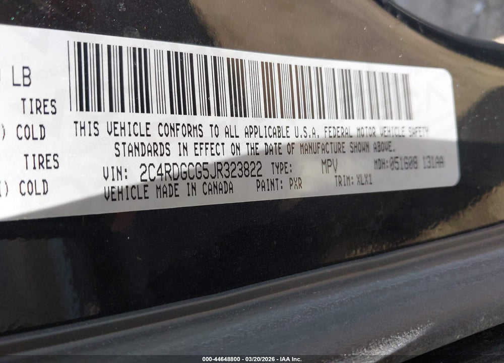 2018 DODGE GRAND CARAVAN SXT VIN: 2C4RDGCG5JR323822
