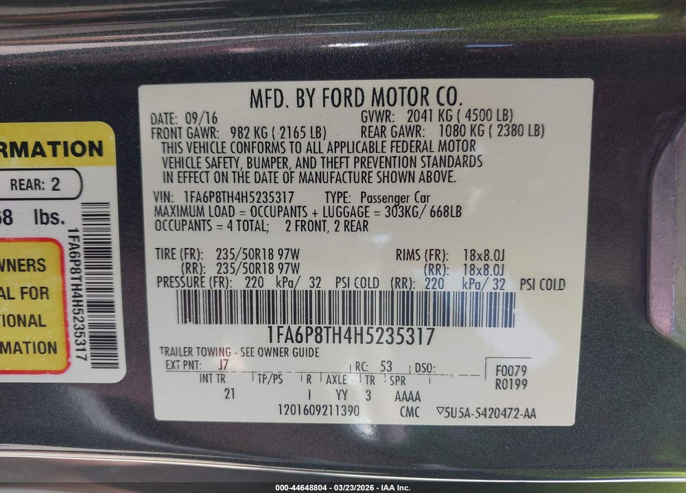 2017 FORD MUSTANG ECOBOOST VIN: 1FA6P8TH4H5235317