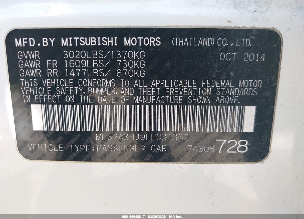 2015 MITSUBISHI MIRAGE DE VIN: ML32A3HJ9FH031362