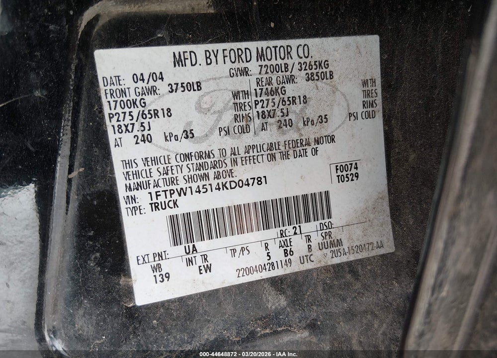2004 FORD F-150 FX4/LARIAT/XLT VIN: 1FTPW14514KD04781