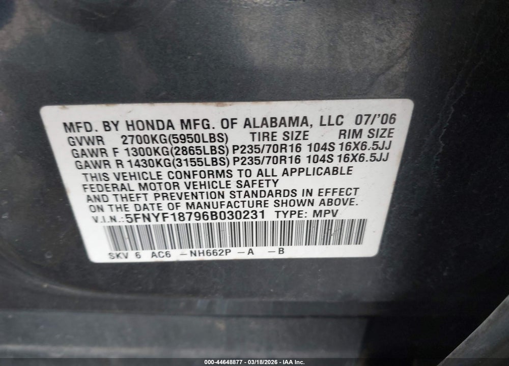2006 HONDA PILOT EX-L VIN: 5FNYF18796B030231