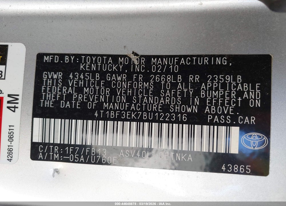 2011 TOYOTA CAMRY LE VIN: 4T1BF3EK7BU122316