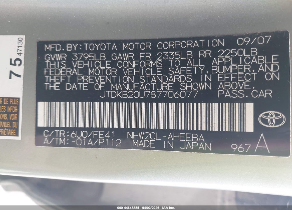 2008 TOYOTA PRIUS VIN: JTDKB20U787706077