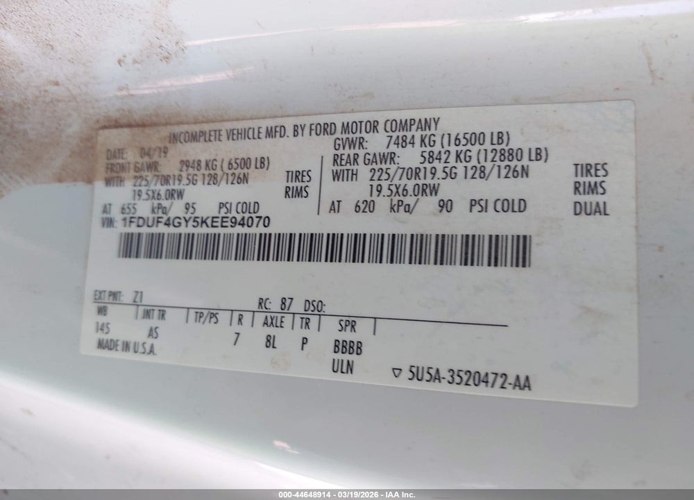 2019 FORD F-450 CHASSIS XL VIN: 1FDUF4GY5KEE94070