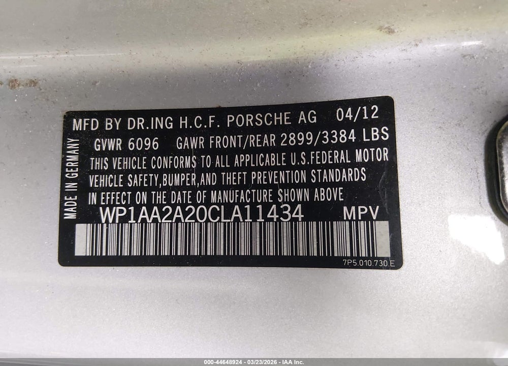 2012 PORSCHE CAYENNE VIN: WP1AA2A20CLA11434