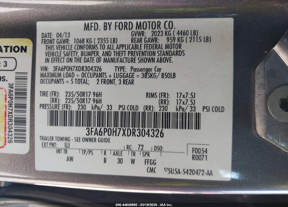 2013 FORD FUSION SE VIN: 3FA6P0H7XDR304326