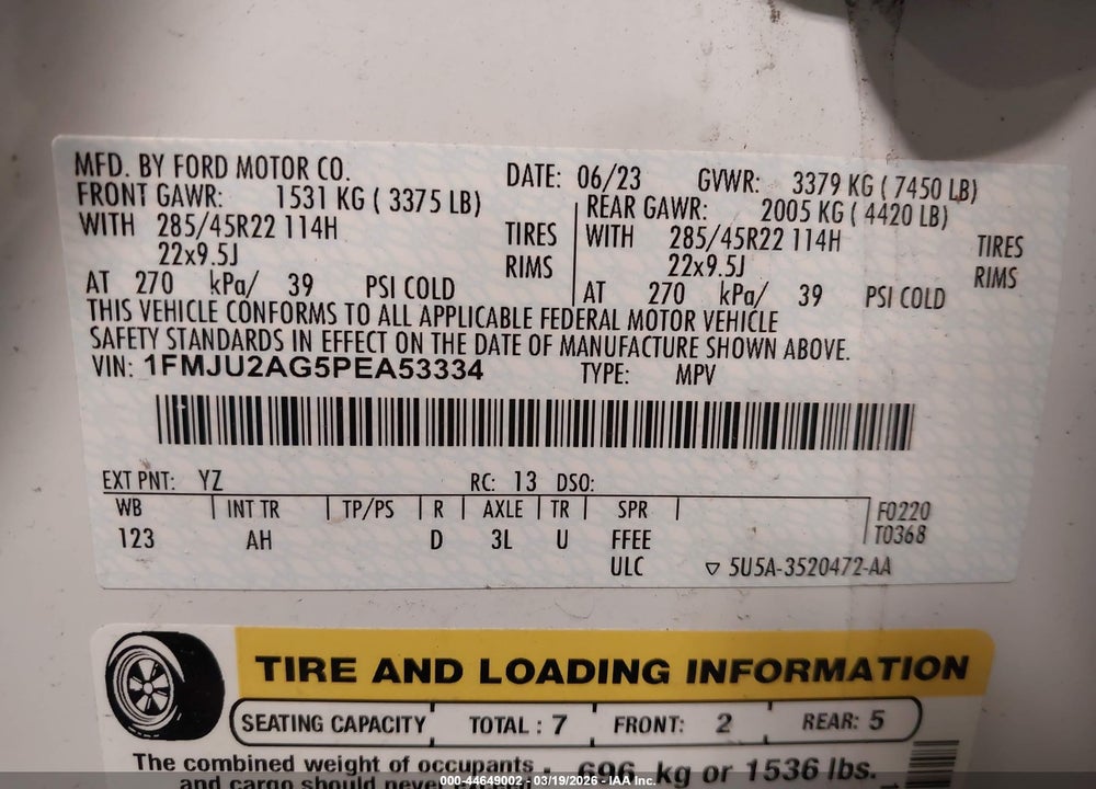 2023 FORD EXPEDITION LIMITED VIN: 1FMJU2AG5PEA53334