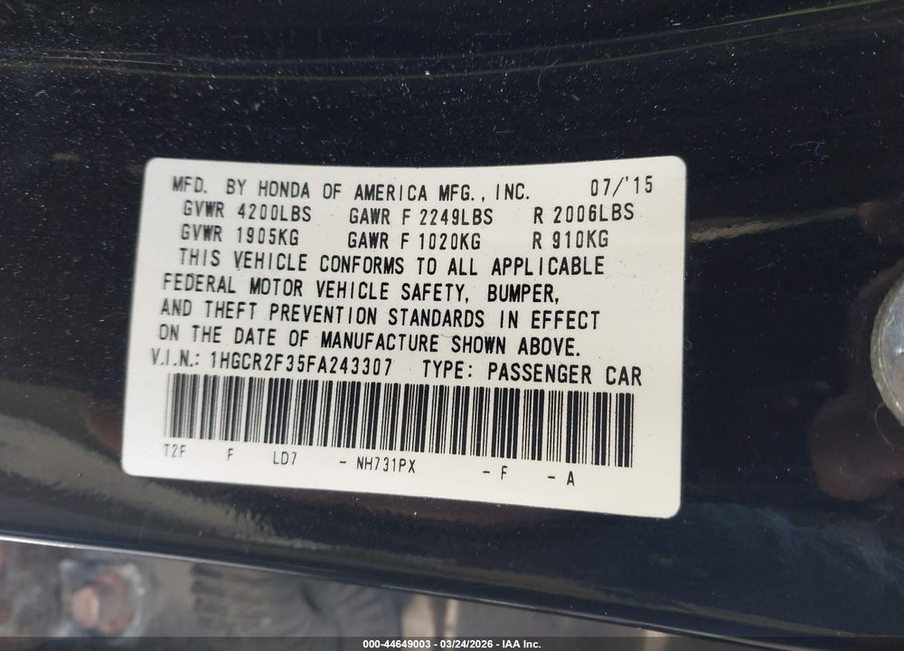 2015 HONDA ACCORD LX VIN: 1HGCR2F35FA243307
