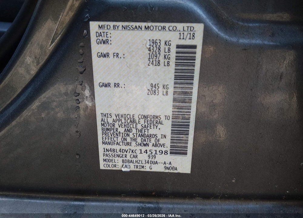 2019 NISSAN ALTIMA 2.5 SV VIN: 1N4BL4DV7KC145198