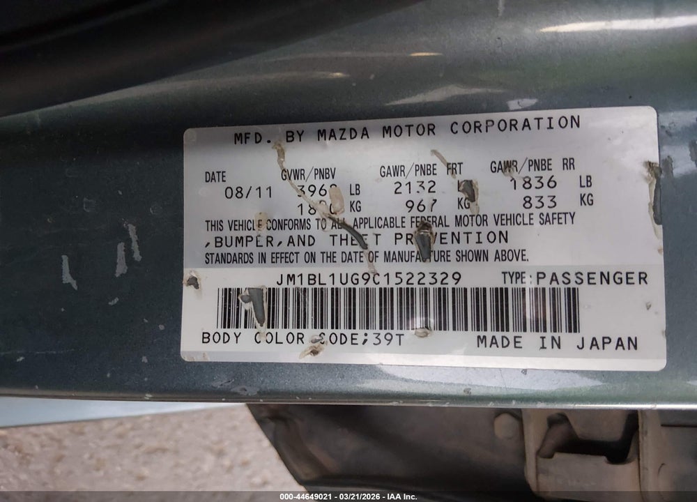 2012 MAZDA 3 I SPORT VIN: JM1BL1UG9C1522329