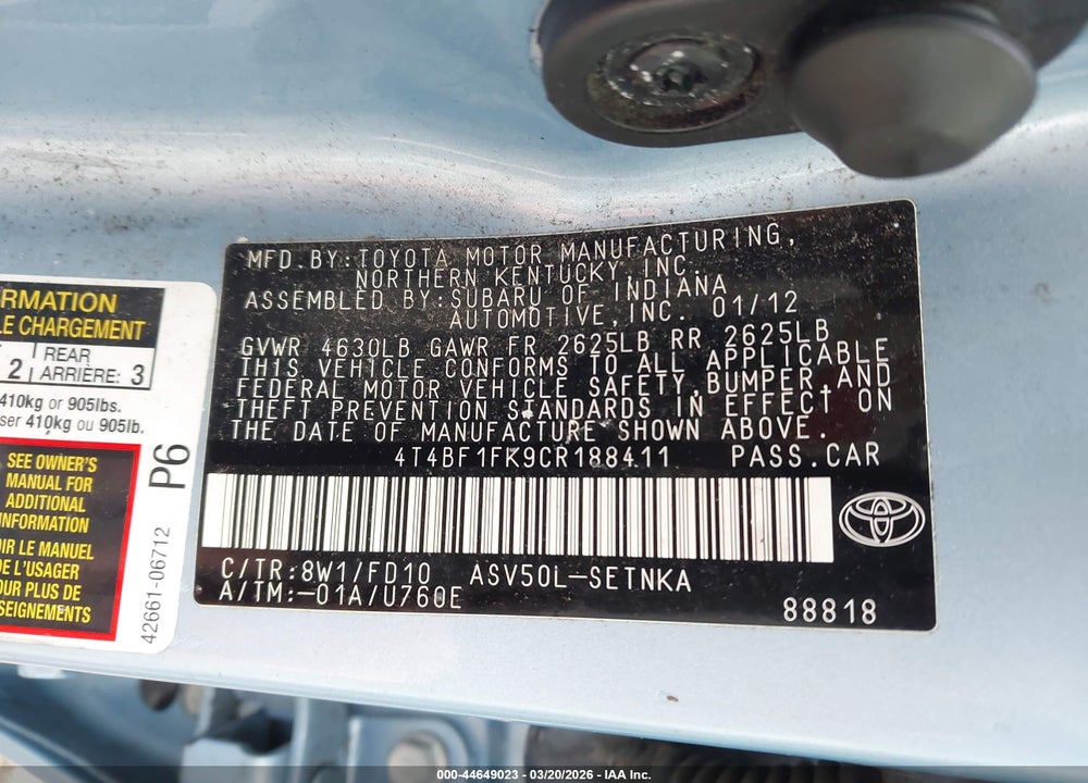 2012 TOYOTA CAMRY LE VIN: 4T4BF1FK9CR188411