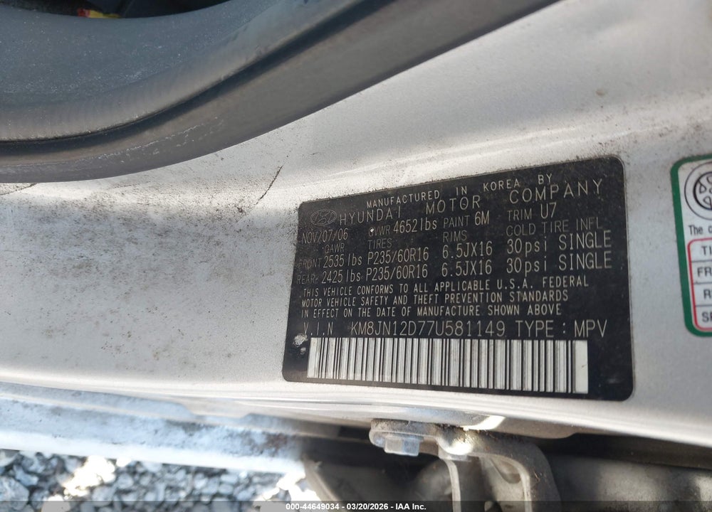 2007 HYUNDAI TUCSON LIMITED/SE VIN: KM8JN12D77U581149