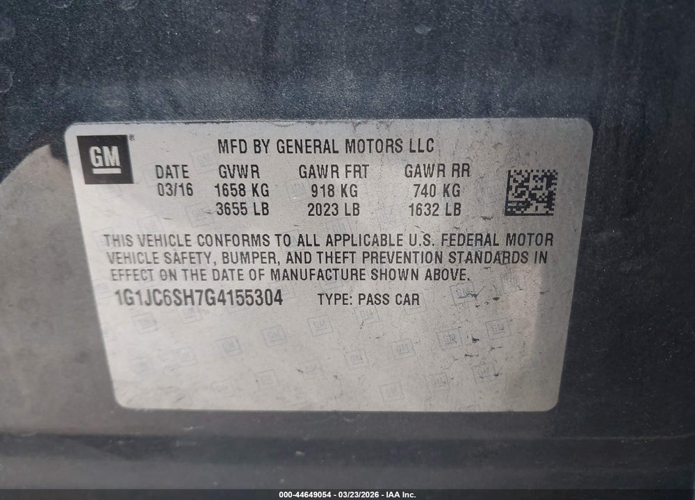 2016 CHEVROLET SONIC LT AUTO VIN: 1G1JC6SH7G4155304