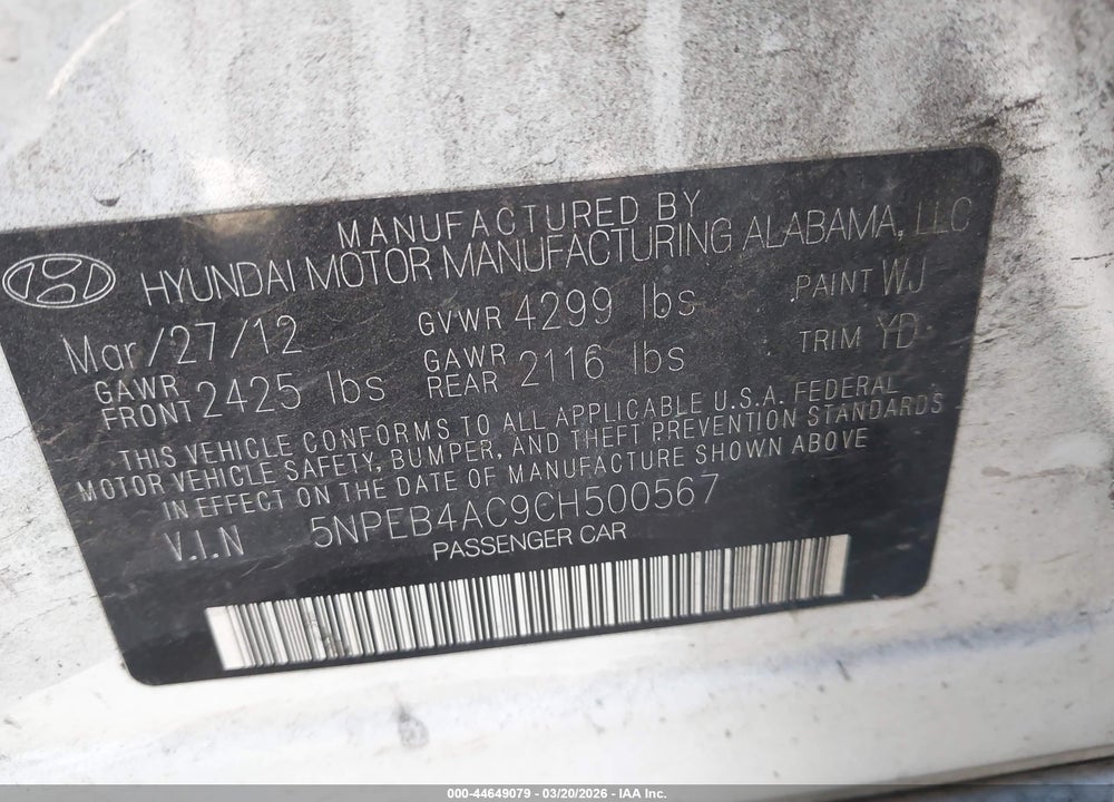 2012 HYUNDAI SONATA GLS VIN: 5NPEB4AC9CH500567