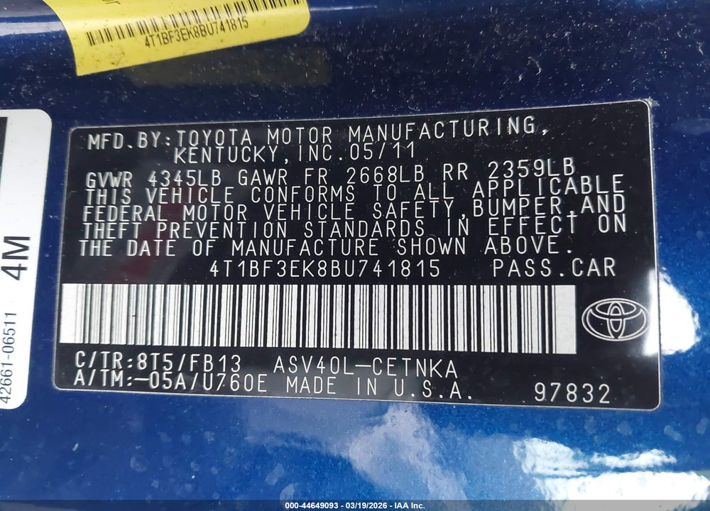 2011 TOYOTA CAMRY LE VIN: 4T1BF3EK8BU741815