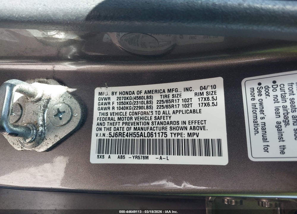 2010 HONDA CR-V EX VIN: 5J6RE4H55AL061175