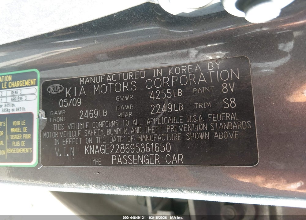 2009 KIA OPTIMA LX VIN: KNAGE228695361650